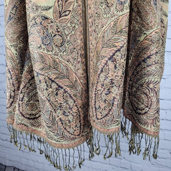 Pashmina Tan Multicolor Silk Paisley Floral Fringe Rectangle Scarf Wrap 70x27" - Picture 4 of 8